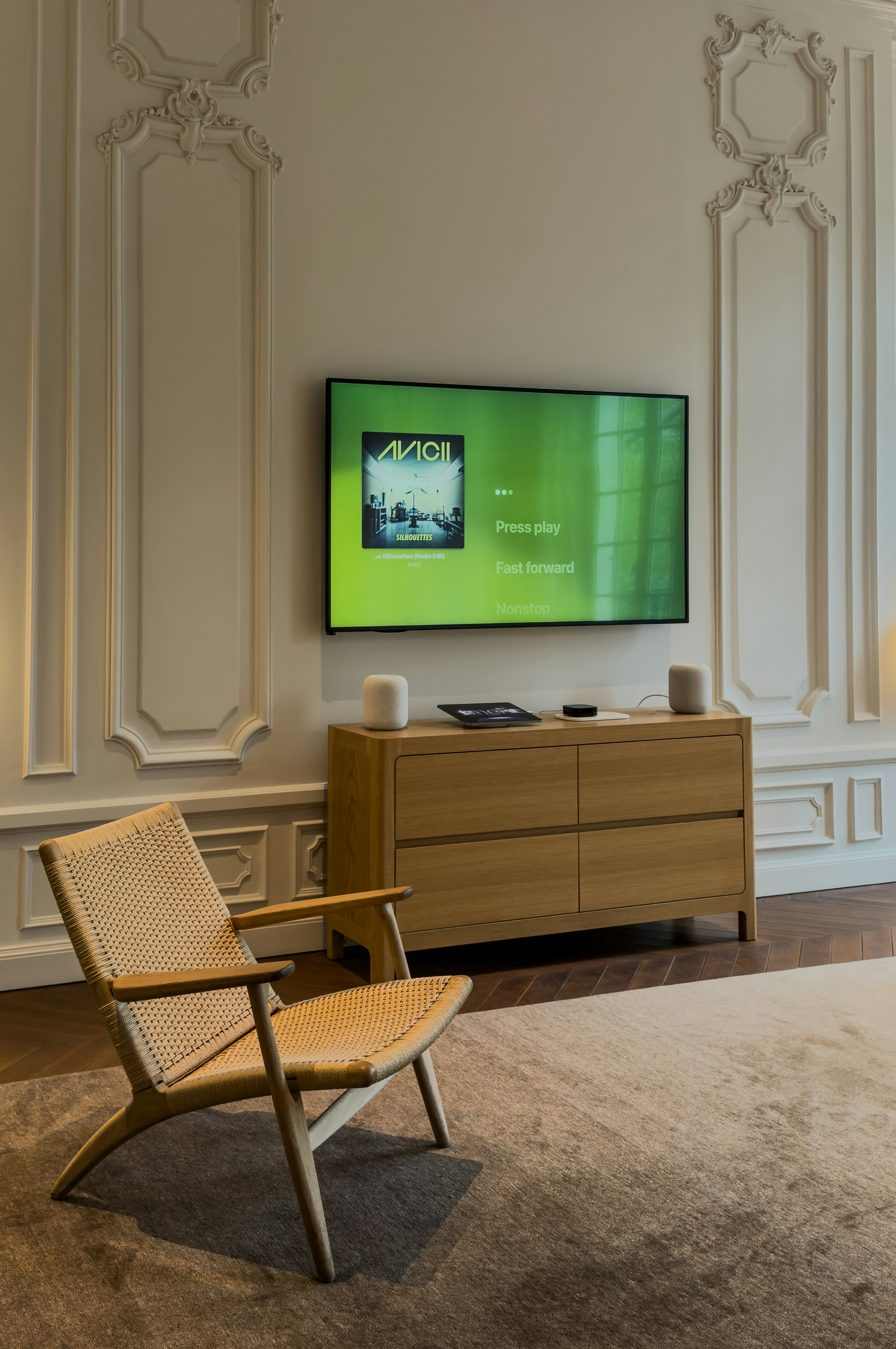 TV mounted on wall, wide shot, in a luxury San Antonio home